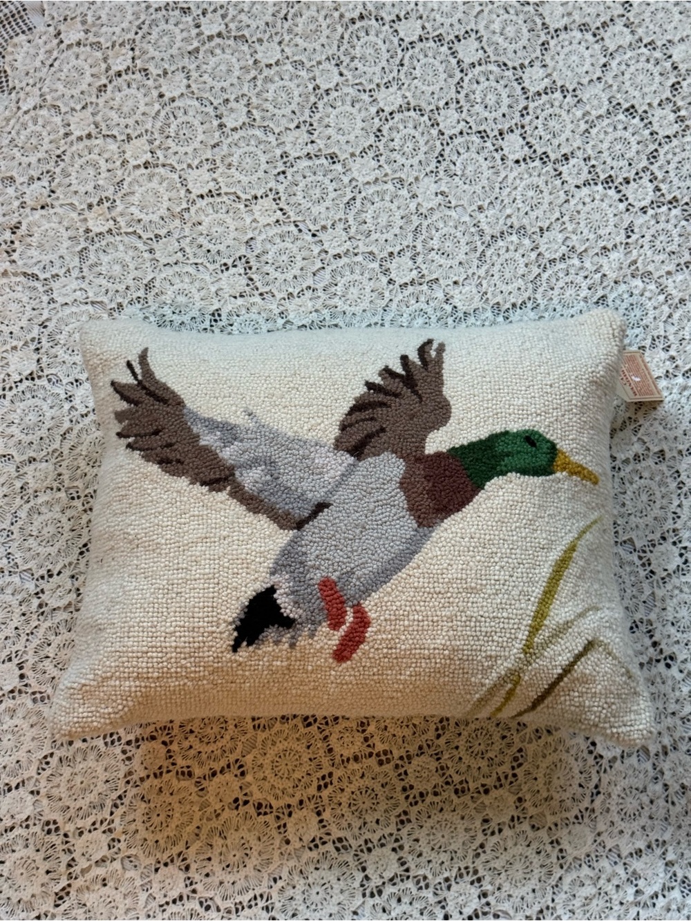 Hooked Wool Duck Accent Pillow in Cream and Multi-Color